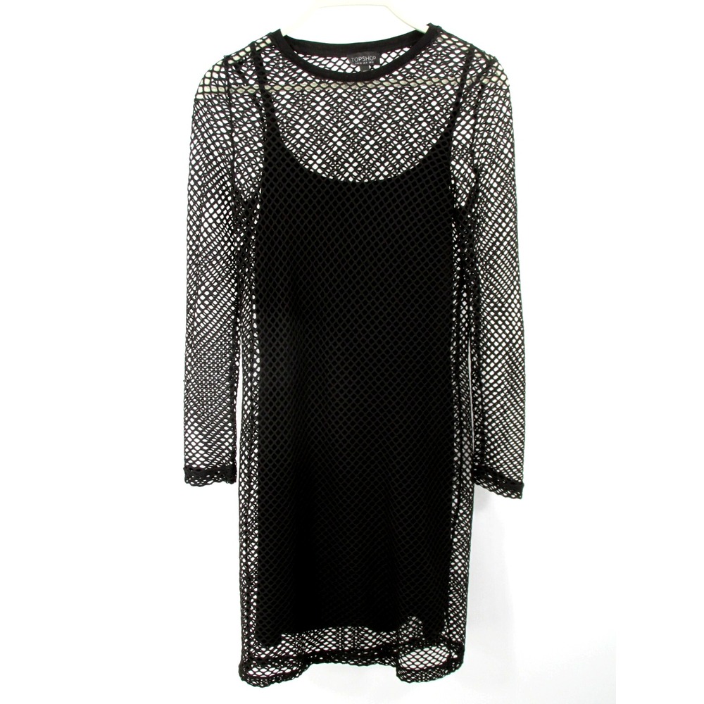 TOPSHOP Midi Cocktail Party Dress Women Size 8 Black Fish Net Bodycon Gothic